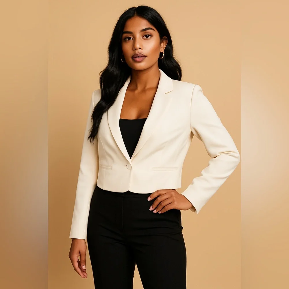 Express Women’s Ivory Cropped Blazer Tailored One Button Jacket Size XL